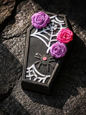 Coffin-Shaped Resin Art Black  with Spider Web and Floral Accents 4"x 2" Hdmade